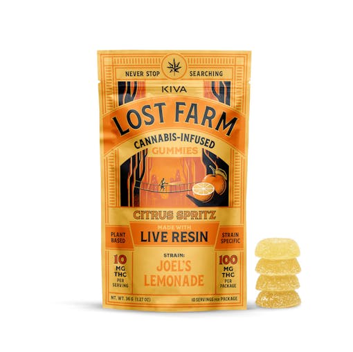 Citrus Spritz live resin gummies from Lost Farms, a great buy for this Memorial Day Weekend, are featured here in its yellow and orange packaging